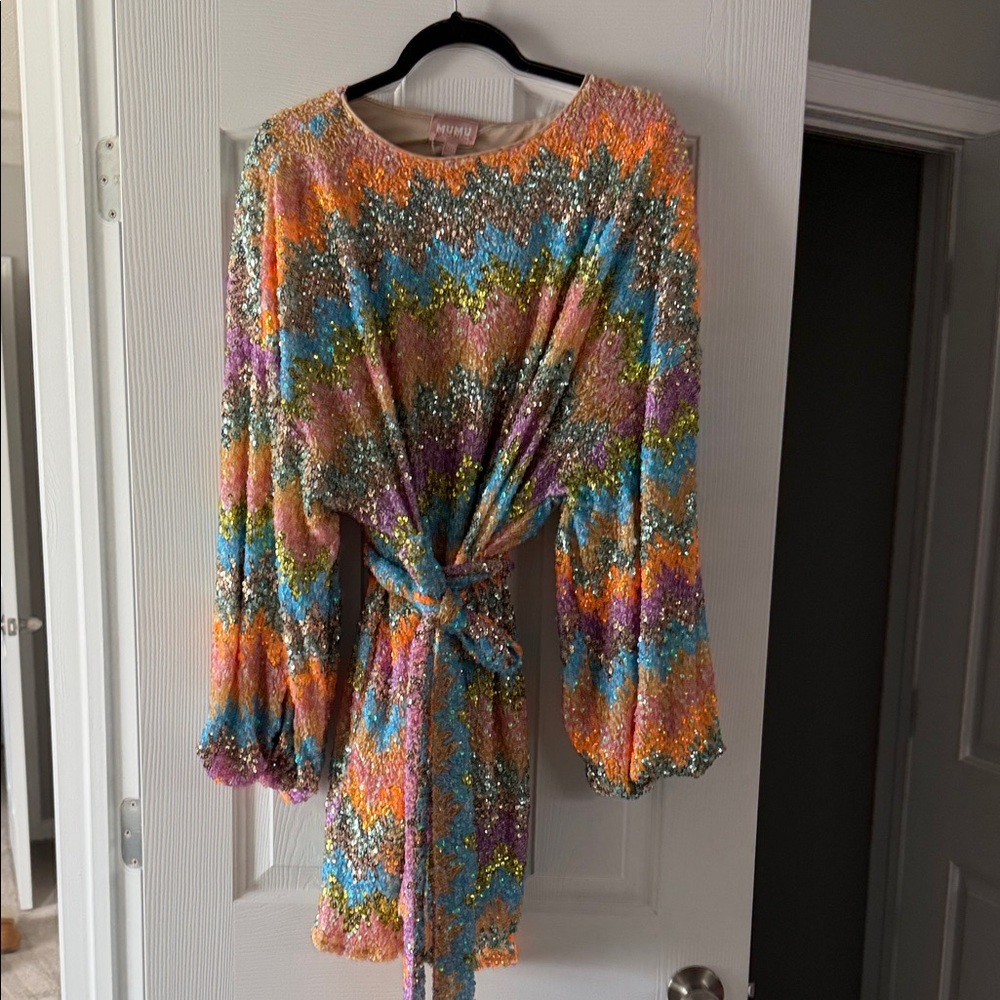 Show Me Your MuMu Sequin Dress with Orange and Green Accents